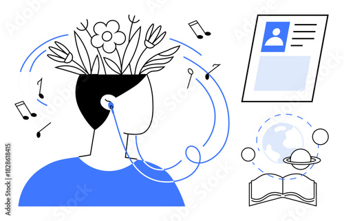 Education concept. Education fostered by creativity, music, and global learning. Education resources for developing knowledge, inspiration, and interconnectedness. For e-learning, creativity