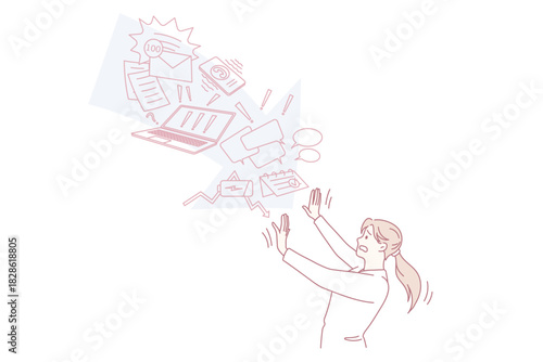 Stressed woman stop information overload spam and email notifications. Distressed female feel frustrated overwhelmed with data stream and load. Censorship and filtering. Flat vector illustration.