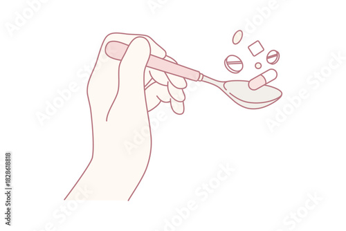 hand holding spoon with pills, close-up illustration of medication dosage being prepared, caregiver role