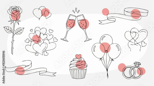 Outlined rose, hearts, champagne flutes, banners, cupcake, balloons, and wedding rings on white background