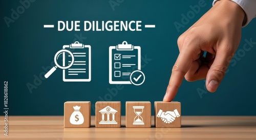 Due diligence concept with checklist, magnifying glass, and business agreement icons