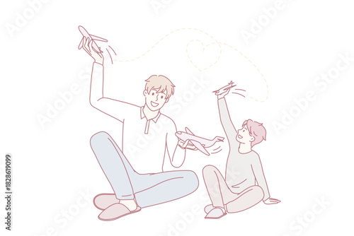 Smiling young father play with small son with airplanes. Loving happy dad have fun enjoy family weekend with boy child with toys engaged in game together. Vector illustration, cartoon character.