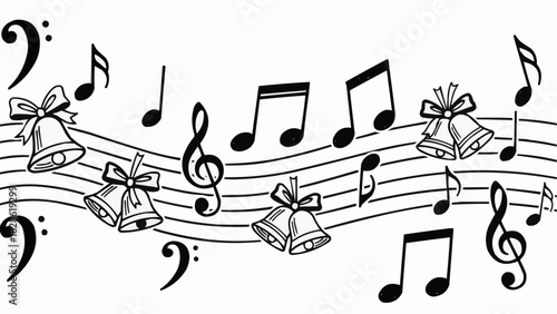 Musical staff with treble clef, bass clef, notes and bells with bows in black and white illustration