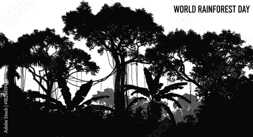 Silhouette of dense tropical rainforest canopy with hanging vines and large leaves against a celebrating world rainforest day