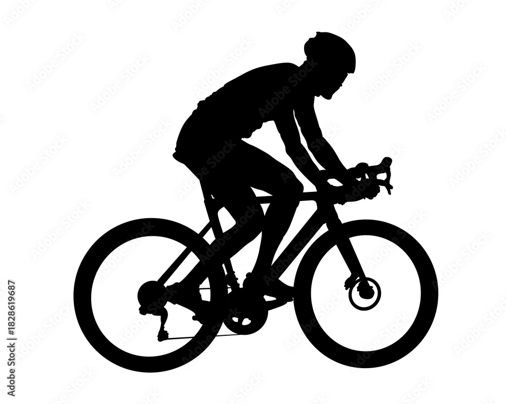 Naklejka premium Silhouette of a cyclist riding a road bicycle in an aerodynamic racing position, representing speed and endurance sports
