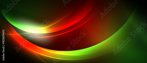 Abstract design features vibrant curves, blending green, red, yellow hues. Light radiates from center, creating dynamic visual effect.