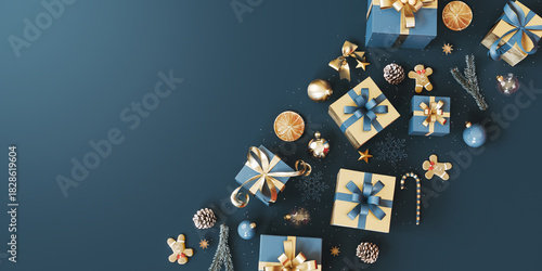 Fototapeta Naklejka Na Ścianę i Meble -  Christmas decoration with Christmas presents on blue background with copy space. Christmas banner design. 3D Rendering, 3D Illustration	