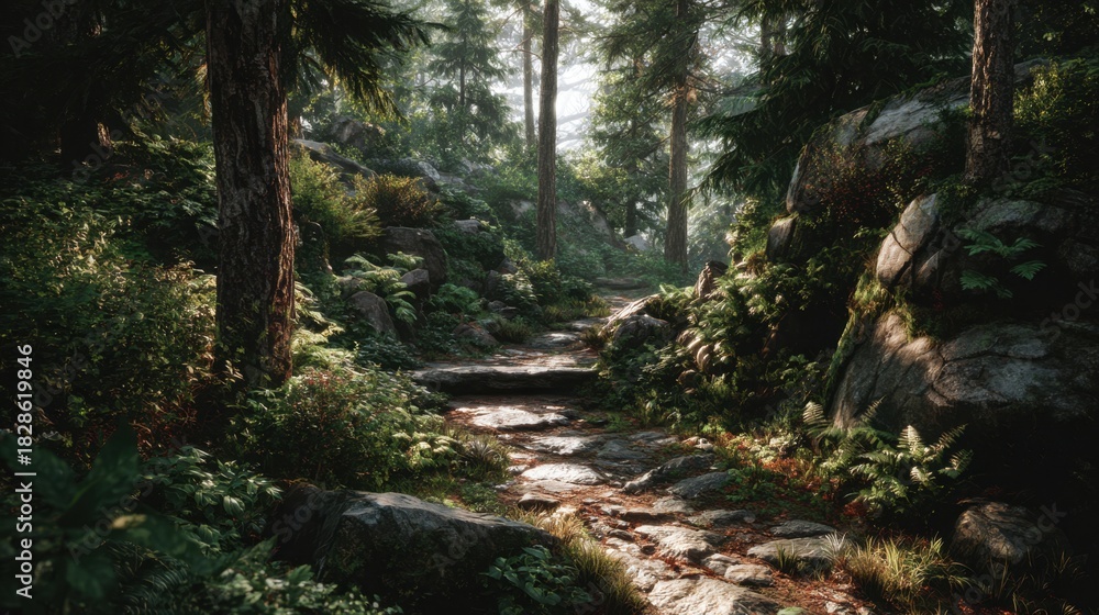 Naklejka premium A serene forest path winds through lush greenery and rocky terrain. Sunlight filters through the trees creating a peaceful ambiance in nature.
