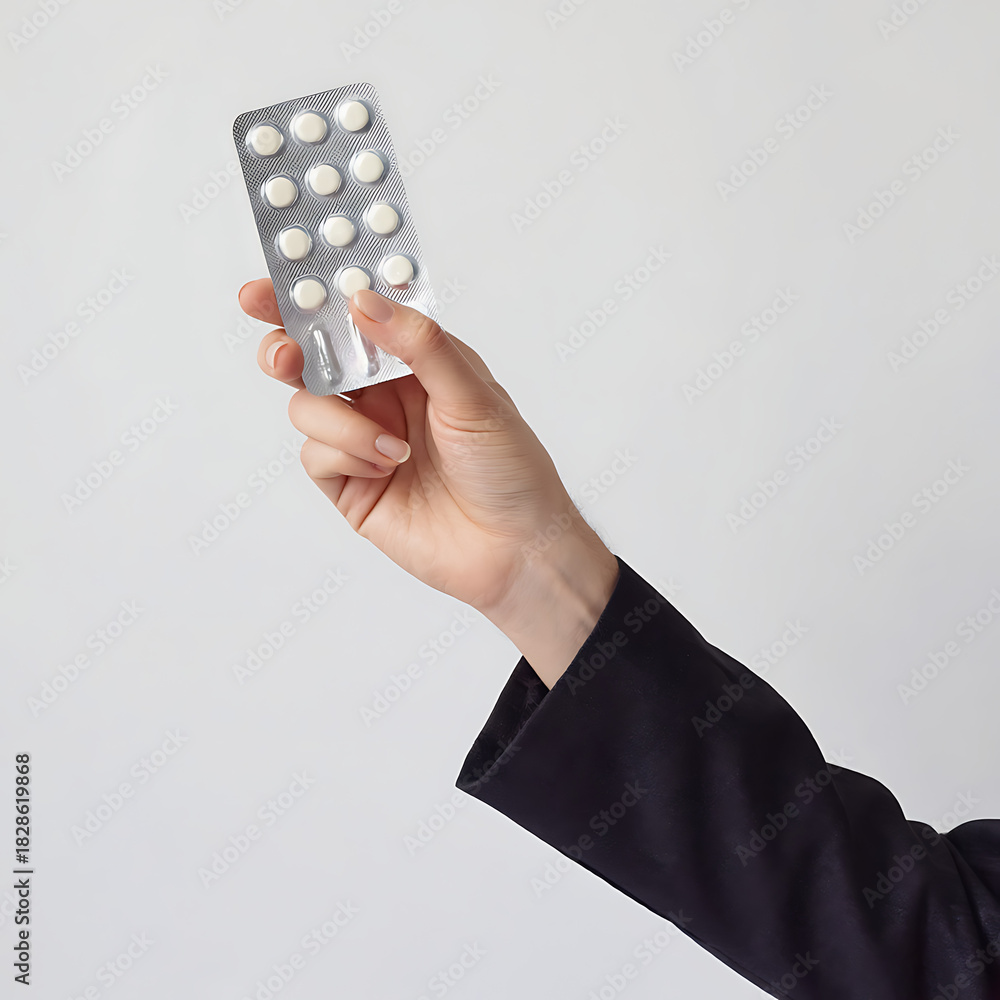 Fototapeta premium Close Up of Hand Presenting Blister Pack of White Pills 