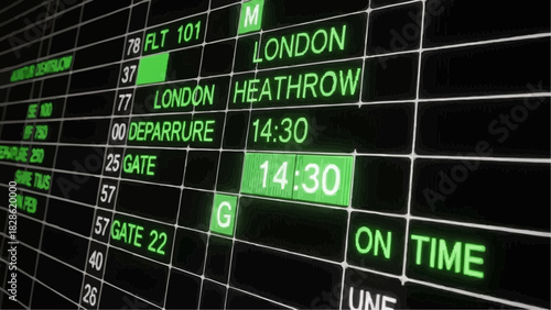 Close up of an airport departure board displaying flight information in bright green lettering and numbers