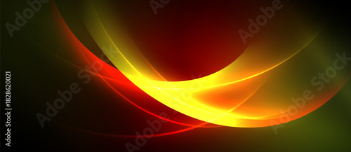 Abstract design features vibrant curves, gradients. Yellow, red, green hues blend into dark background. Dynamic, flowing composition.