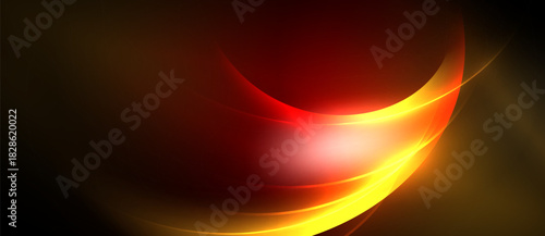 Abstract design features flowing curves, vibrant reds, oranges, yellows. Dramatic lighting creates dynamic visual impact. Smooth gradients dominate composition.