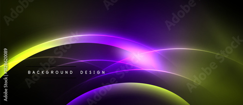 Abstract design features flowing curves, vibrant purple, yellow hues. Dark background emphasizes luminous waves, modern aesthetic.