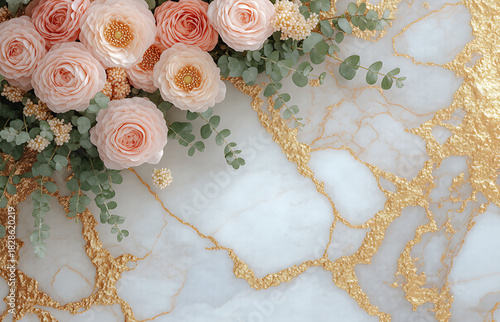 Wallpaper Mural Elegant arrangement of pink flowers on a luxurious marble table with gold accents. Generative AI Torontodigital.ca