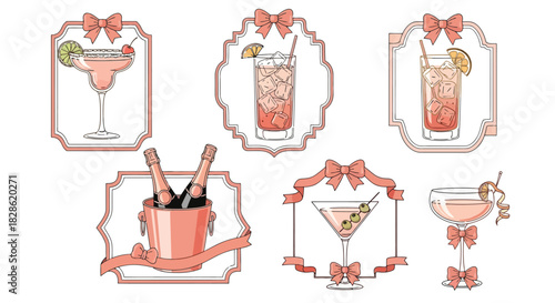 Elegant Cocktail Illustrations in Ribbon Frames: Festive Drinks for Celebratory Occasions