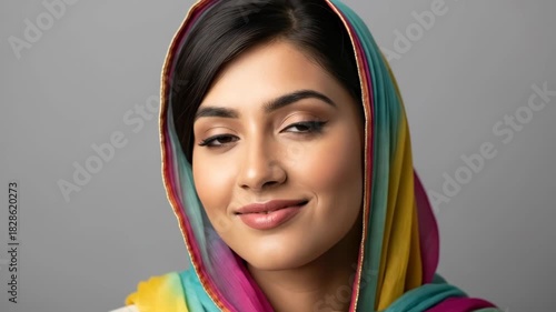 Vibrant expression of a smiling woman in multicolored scarf across consecutive frames