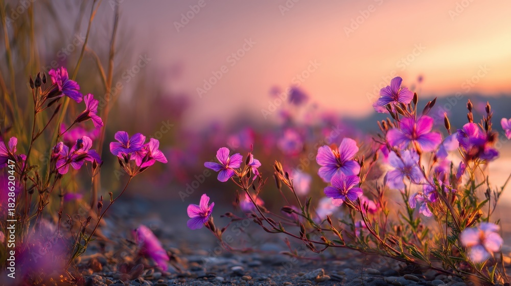 Obraz premium A vibrant array of purple wildflowers stretches along a rocky shoreline basking in the warm glow of the setting sun. The scene captures the beauty of nature at dusk.
