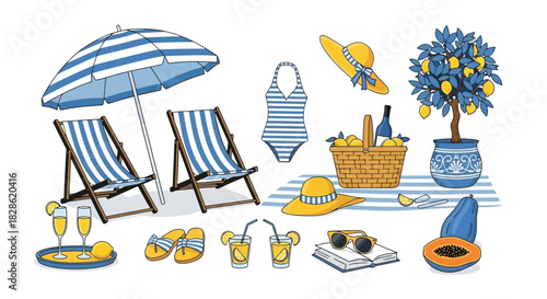 Summer beach picnic illustration featuring deck chairs, striped sun umbrella, and swimwear set