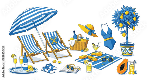 Charming Summer Beach Picnic: Deck Chairs, Umbrella, Lemon Tree, and Refreshments Illustration
