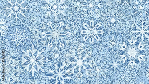 A dense arrangement of various sized snowflakes in shades of light blue and white creating a wintery scene