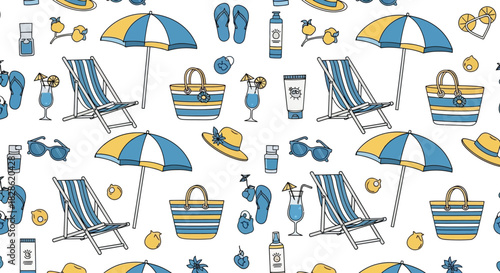 Cheerful seamless pattern illustration featuring essential summer beach elements and accessories