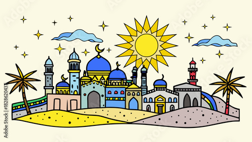 Colorful cartoon cityscape with sun and palms