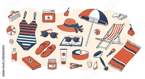 Summer beach essentials flat vector illustration for vacation and relaxation time, sunbathing items.