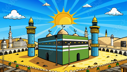 Cartoon of the kaaba mecca with blue sky and sun