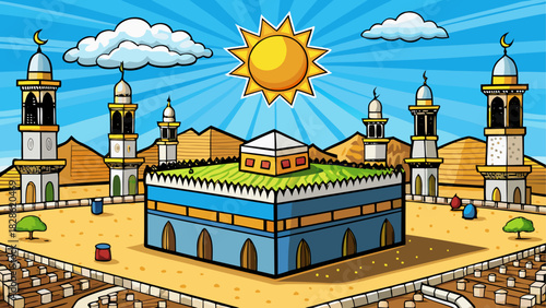 Illustration of the kaaba with minarets and sun