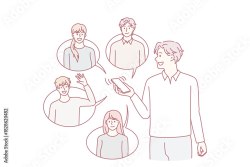Smiling man use cellphone communicate with diverse friends online on social media. Happy guy with smartphone text message with colleagues on internet on gadget. Flat vector illustration.