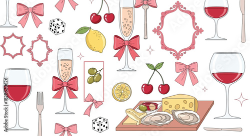 Elegant Valentine's Day dinner party illustration with champagne, cheese board and pink bows