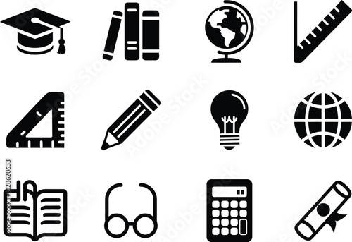 Illustration of various educational icons including graduation cap, books, globe and school supplies