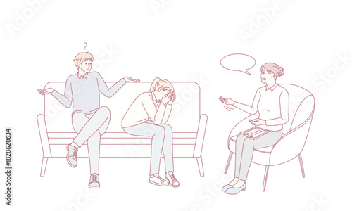 Counselor specialist talk speak with couple having fight or argument. Psychologist help give advice to unhappy spouses suffer from relation problem. Divorce, breakup. Vector illustration.