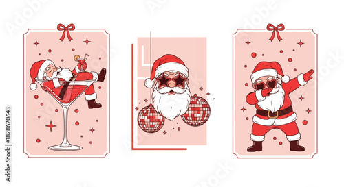 Retro Santa Christmas Vector Illustration Set Featuring Santa Relaxing, Dancing and Partying.