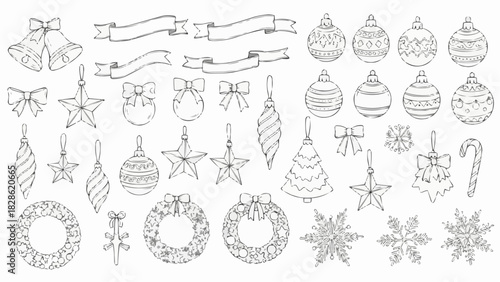 Collection of hand drawn christmas decorations including bells ornaments and wreaths in black and white