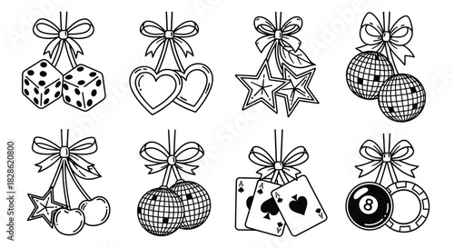 Collection of Casino Charm Line Art Illustrations for Gambling and Luck Themed Designs