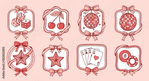 Lucky Charms Vector Illustration Set Featuring Retro Casino and Disco Elements for Decoration