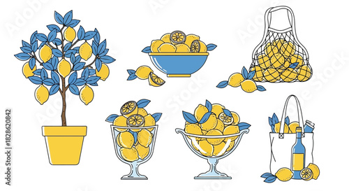 Lemon still life vector illustration set, includes lemons in bowl, bag and lemon tree.