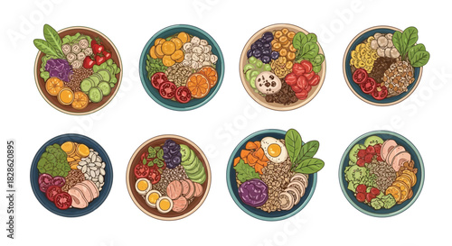 Nutritious food bowls: diverse colorful grain and vegetable combinations for balanced eating
