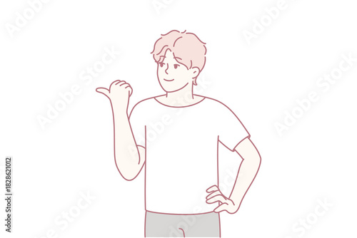 man pointing to side with relaxed smile and inviting posture, friendly endorsement vibe ideal for product pitch, tutorial, or tour clean lines emphasize approachable guidance, motion,