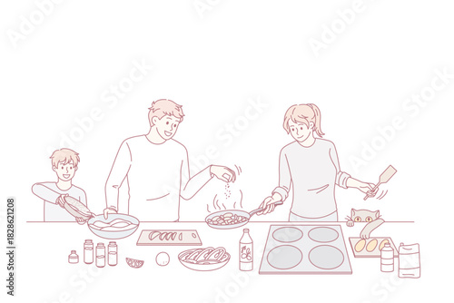 Happy family with small son cooking breakfast together in cozy kitchen. Smiling parents have fun preparing food with child enjoy leisure weekend at home. Unity and bonding. Flat vector illustration.
