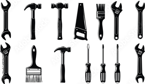 Black and white construction tools silhouette set, hammer wrench saw paintbrush screwdriver for home repair, cad drawing flat vector illustration.