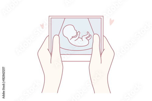 Gentle hands holding fetal ultrasound image, minimalist pastel illustration showing expectant parent sharing sonogram print, small heart accents, soft muted palette, intimate hopeful mood,