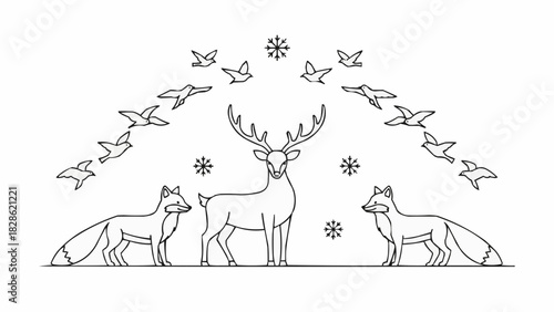 Line art of a deer with foxes and birds in a winter scene with snowflakes in a symmetrical arrangement