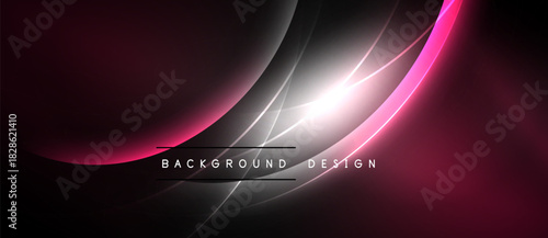 Abstract design features flowing lines, vibrant pinks, bright white light. Dark background creates dramatic effect. Modern, sleek aesthetic.