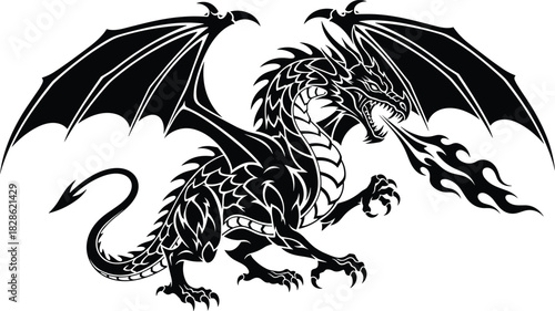 Black and white tribal dragon silhouette breathing fire, fantasy monster mascot with wings, isolated cad drawing flat vector illustration design