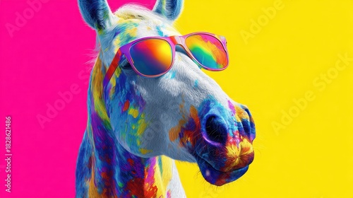A horse stands proudly with vibrant multicolored paint splashed across its coat. It sports trendy sunglasses and poses against a bright pink and yellow backdrop creating a fun atmosphere.