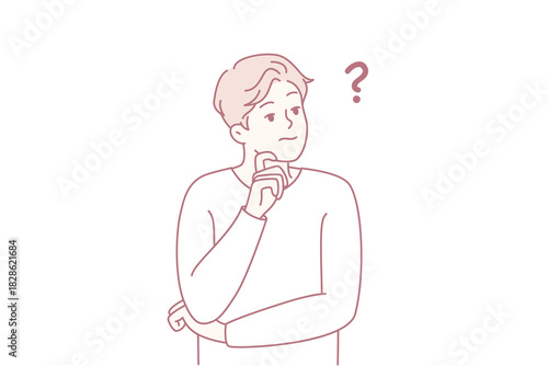 man touching chin in thoughtful pose with question mark cue, introspective mood showing evaluation and doubt clean line art captures concentration, planning, and subtle uncertainty suitable