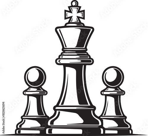Chess King and Pawns Silhouette on White Background Keywords: chess, king, pawn, chess pieces