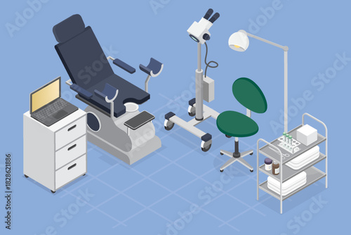 Gynecology doctor office without people. Room with gynecological chair and colposcope. Cabinet for women with medical equipment. 3d flat Isometric vector illustrationson on a blue background.